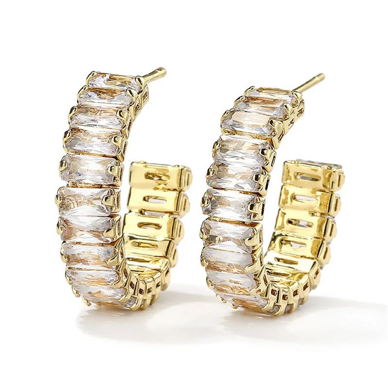 Gold Zircon Hoop Earrings with Geometric Design 5 Gold Zircon Hoop Earrings with Geometric Design - Image 5
