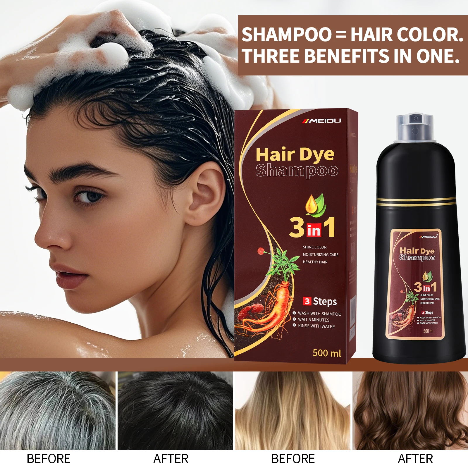 Meidu 3-in-1 Black Hair Dye Shampoo 500ml 5 Meidu 3-in-1 Black Hair Dye Shampoo 500ml - Image 5