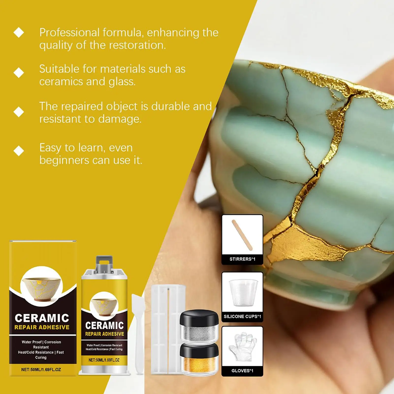 Elegant Kintsugi Ceramic Repair Kit with Gold Finish 2 Elegant Kintsugi Ceramic Repair Kit with Gold Finish - Image 2