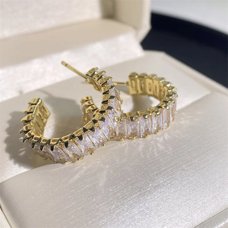 Gold Zircon Hoop Earrings with Geometric Design 3 Gold Zircon Hoop Earrings with Geometric Design - Image 3