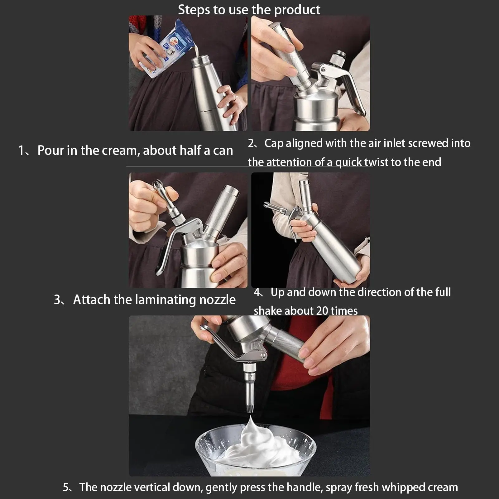 Silver 500ml Whipped Cream Dispenser with Stainless Steel 3 Silver 500ml Whipped Cream Dispenser with Stainless Steel - Image 3