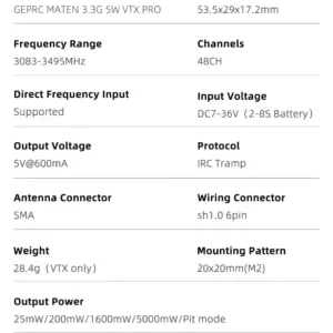 GEPRC MATEN 3.3G 5W VTX PRO Long-Range FPV Transmitter 8 Sec2797991502482ea788dde3a121af55S