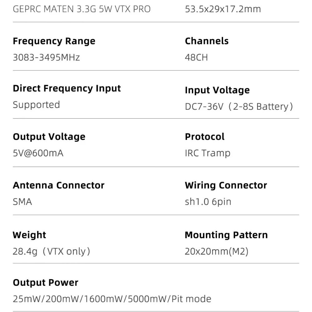 GEPRC MATEN 3.3G 5W VTX PRO Long-Range FPV Transmitter 3 GEPRC MATEN 3.3G 5W VTX PRO Long-Range FPV Transmitter - Image 3