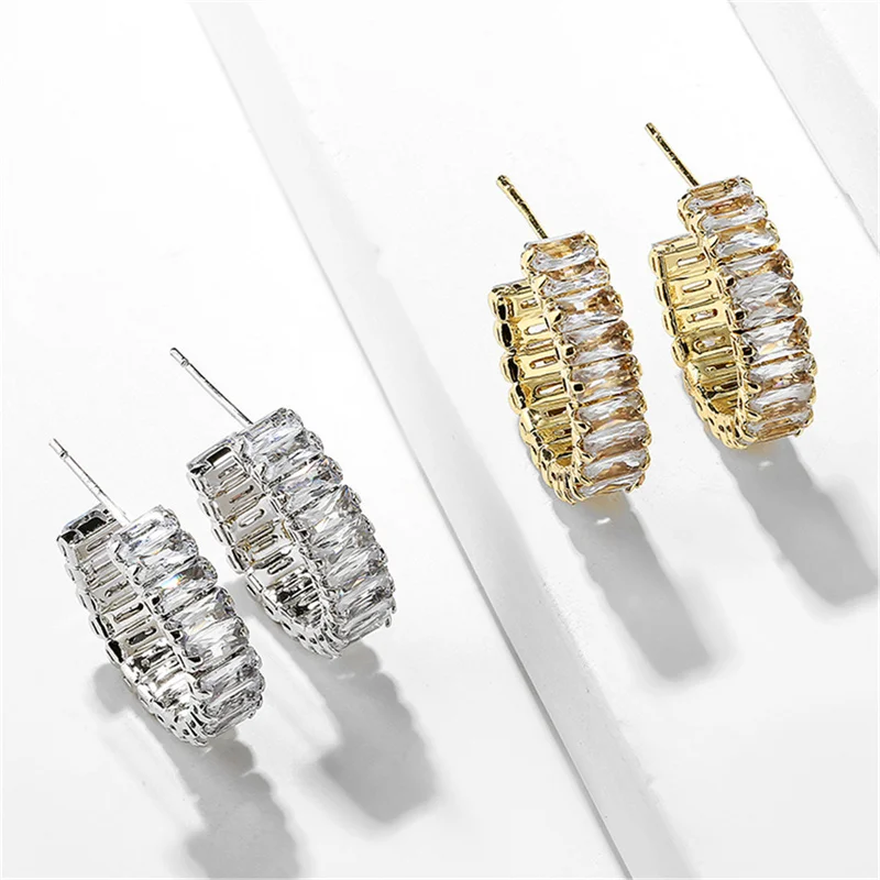 Gold Zircon Hoop Earrings with Geometric Design 4 Gold Zircon Hoop Earrings with Geometric Design - Image 4