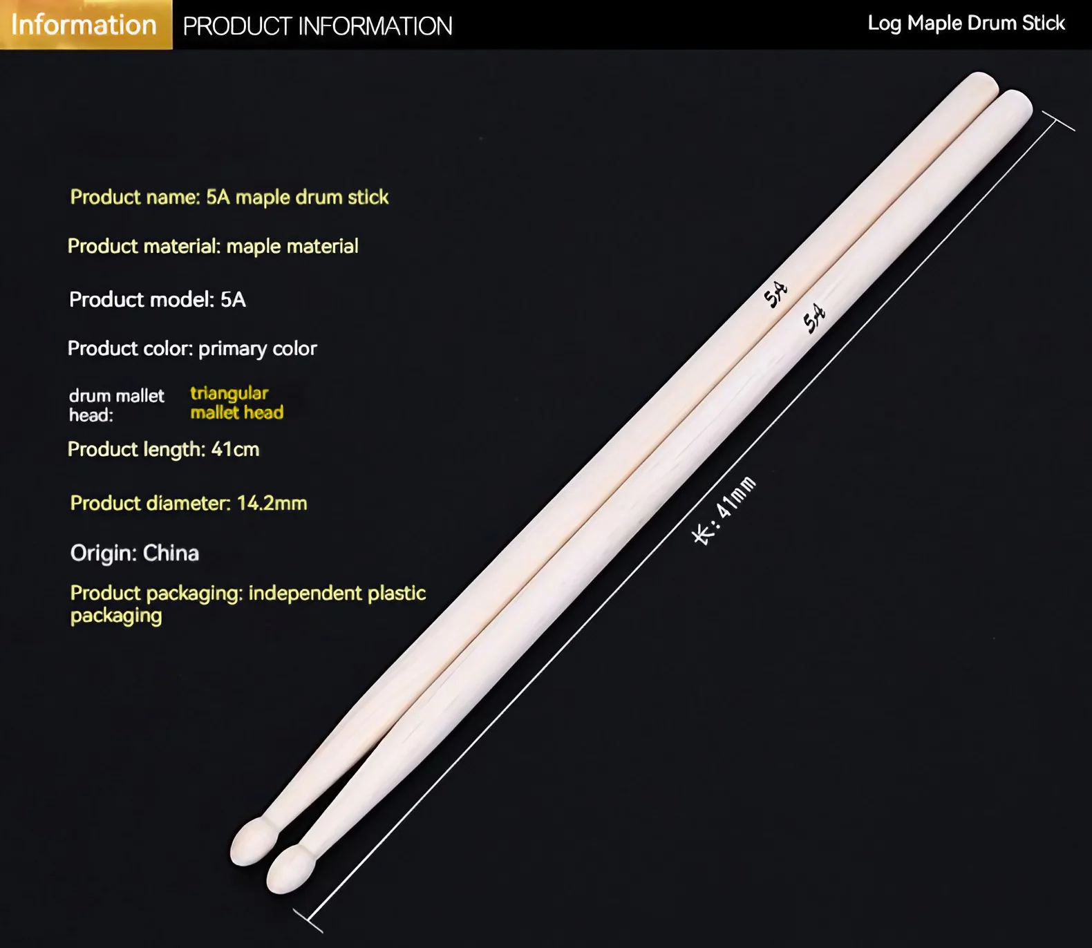 41 cm Maple Drumsticks with Wooden Tips 2 41 cm Maple Drumsticks with Wooden Tips - Image 2