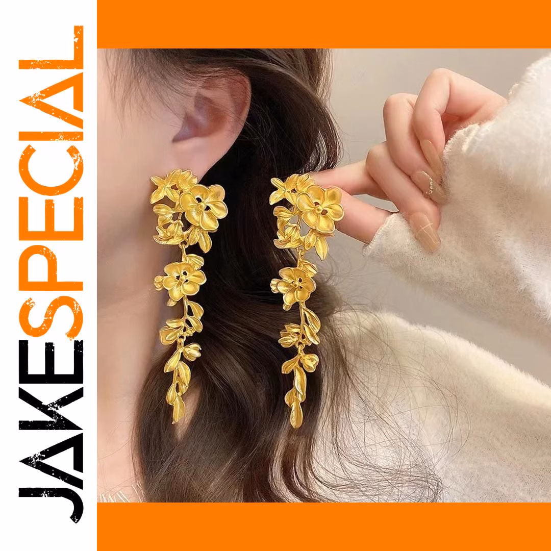 Vintage Gold Drop Earrings with Botanical Motifs 1 Vintage Gold Drop Earrings with Botanical Motifs