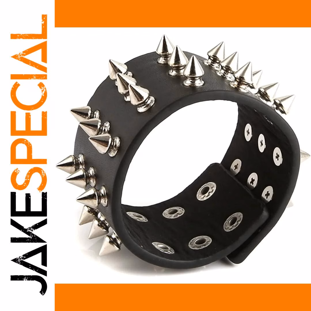 Punk Wide Leather Cuff Bracelet with Spikes - Image 5