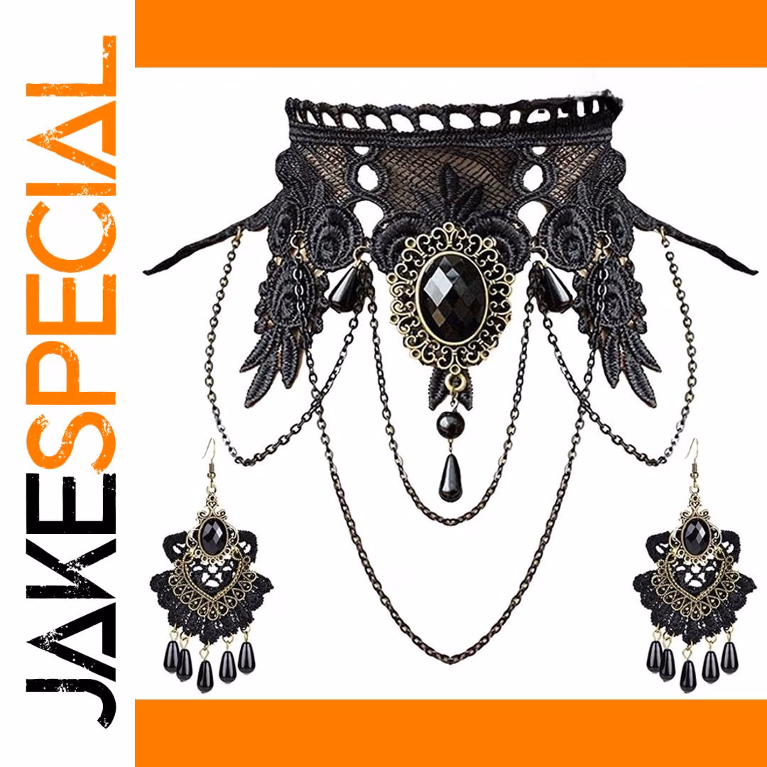 Black Lace Skull Choker Necklace Set with Earrings - Image 7
