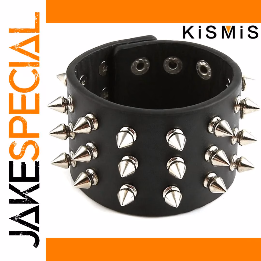 Punk Wide Leather Cuff Bracelet with Spikes - Image 2