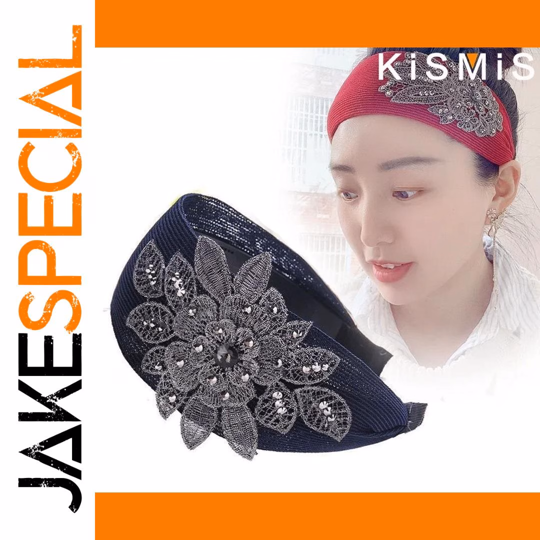 Navy Blue Lace Headband with Silver Flower - Image 5