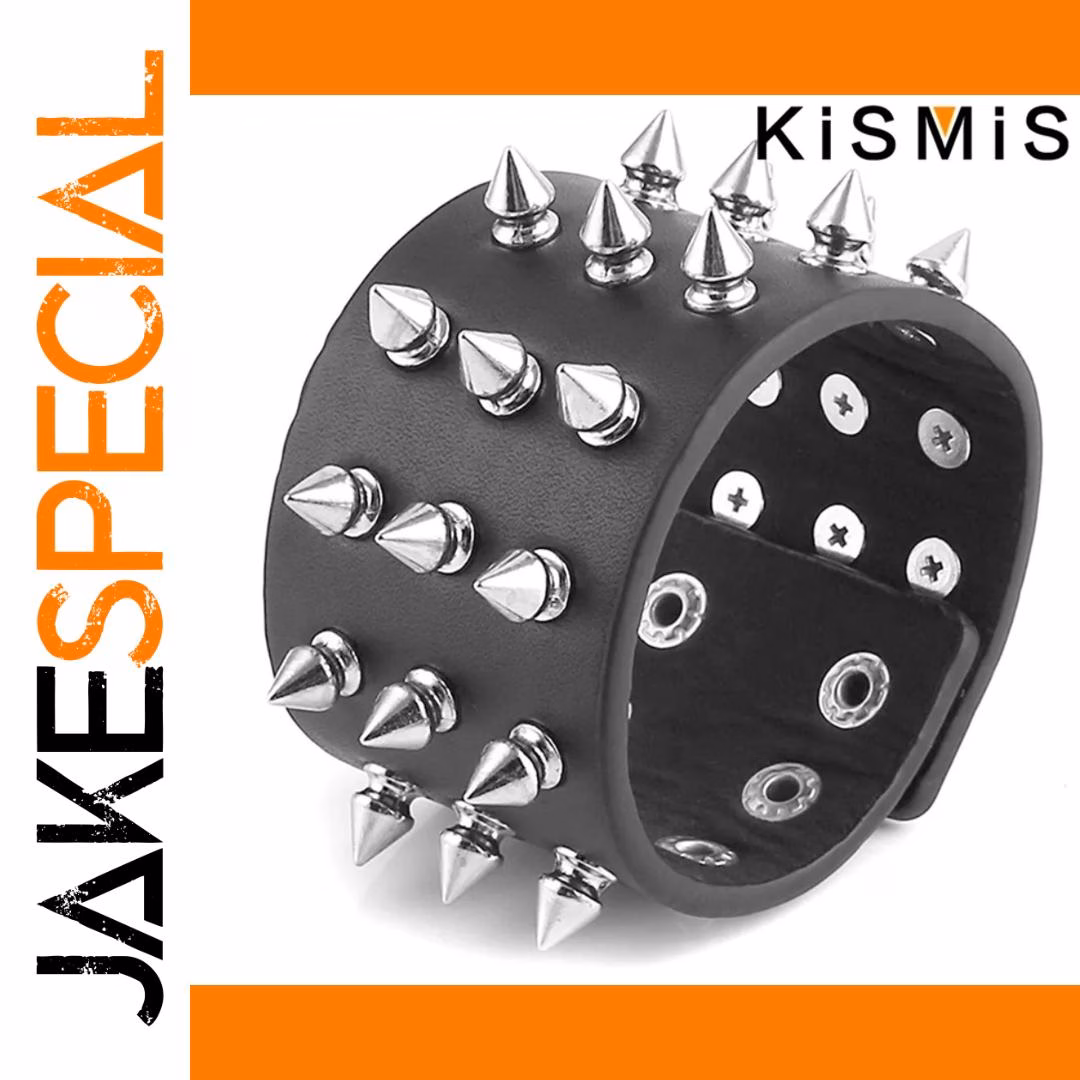 Punk Wide Leather Cuff Bracelet with Spikes - Image 6