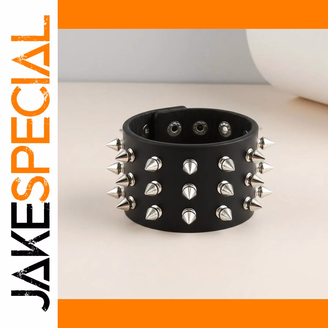 Punk Wide Leather Cuff Bracelet with Spikes - Image 7
