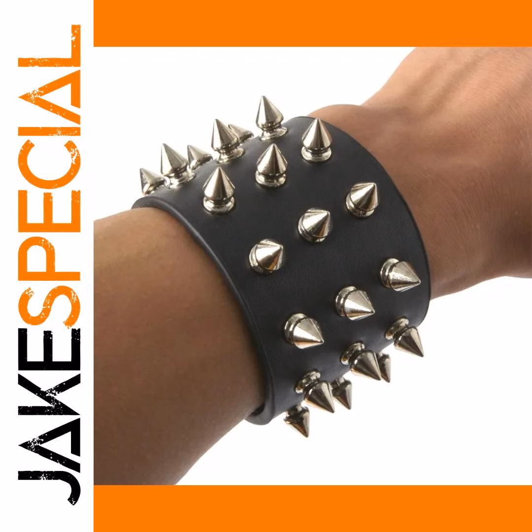 Punk Wide Leather Cuff Bracelet with Spikes - Image 4