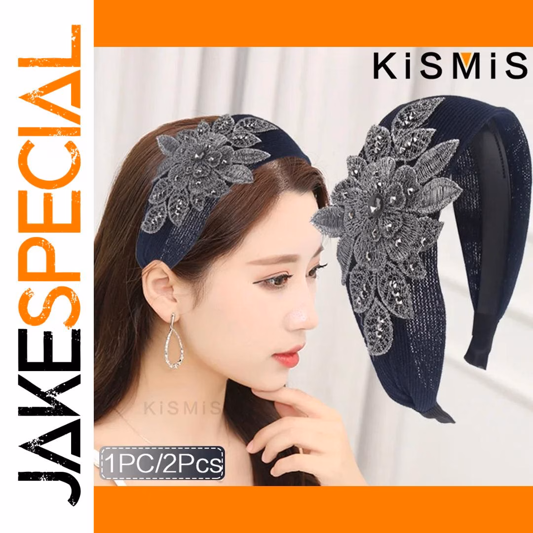 Navy Blue Lace Headband with Silver Flower - Image 4