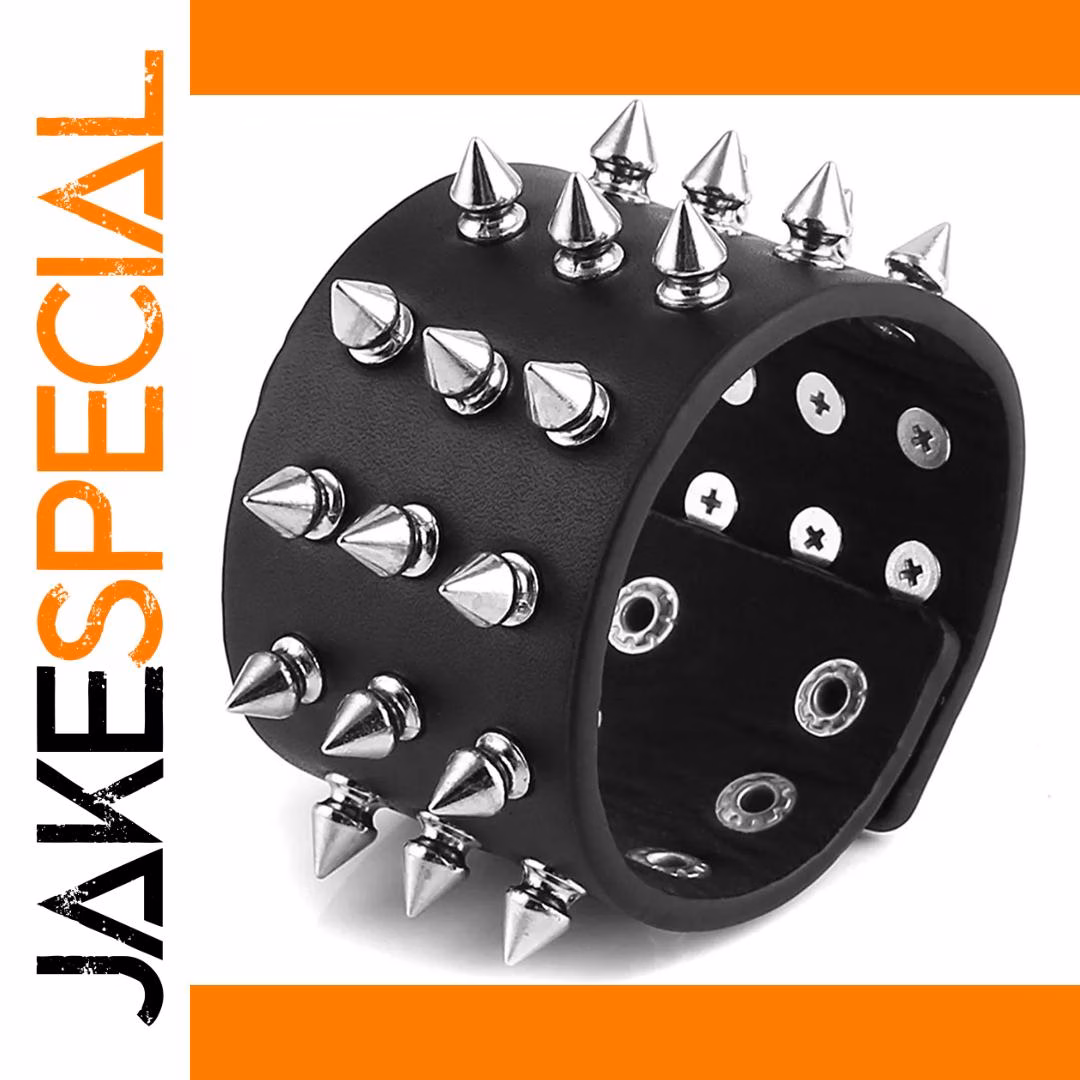 Punk Wide Leather Cuff Bracelet with Spikes - Image 3
