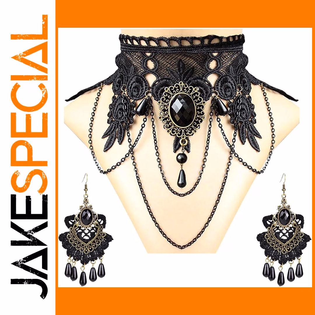 Black Lace Skull Choker Necklace Set with Earrings - Image 2