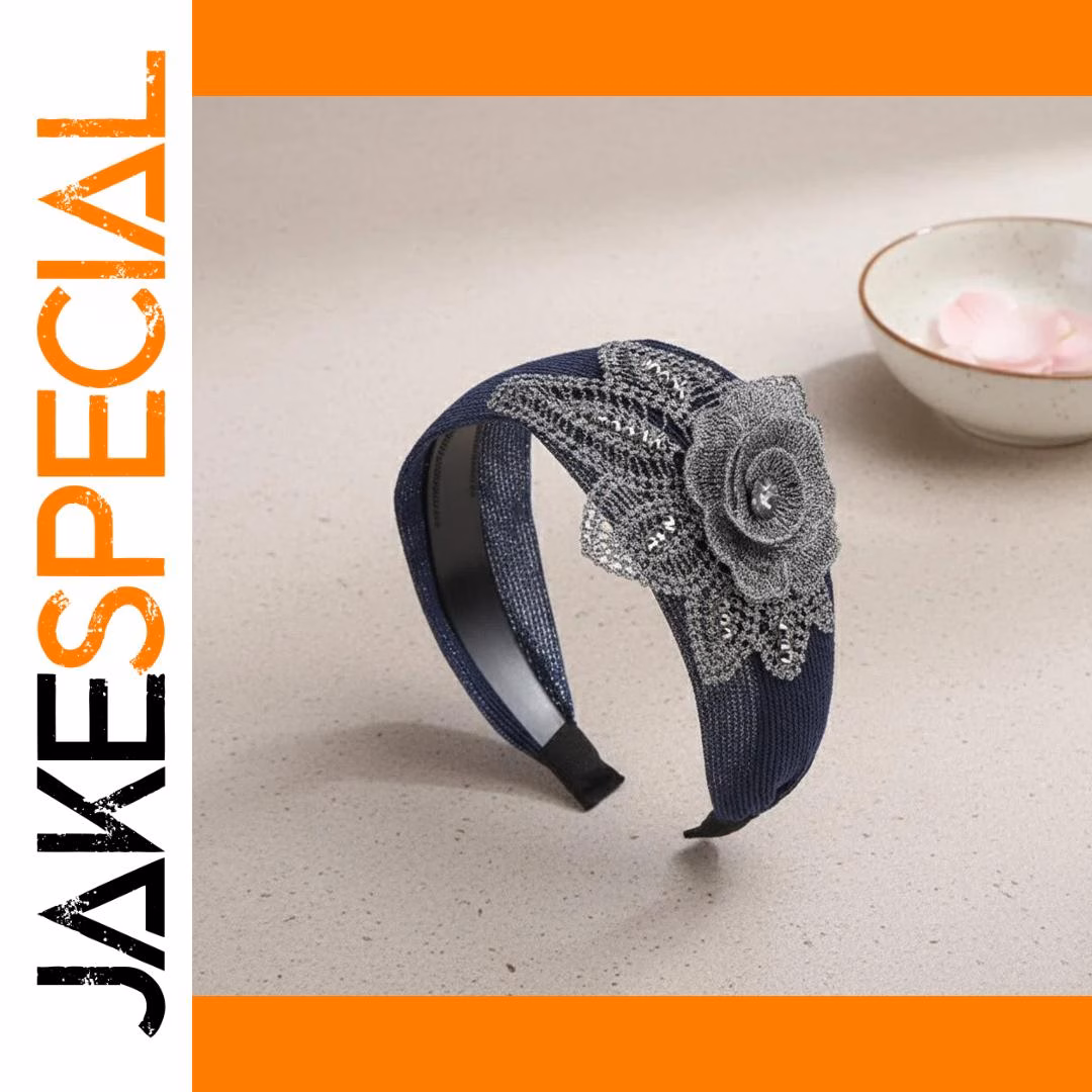 Navy Blue Lace Headband with Silver Flower - Image 10