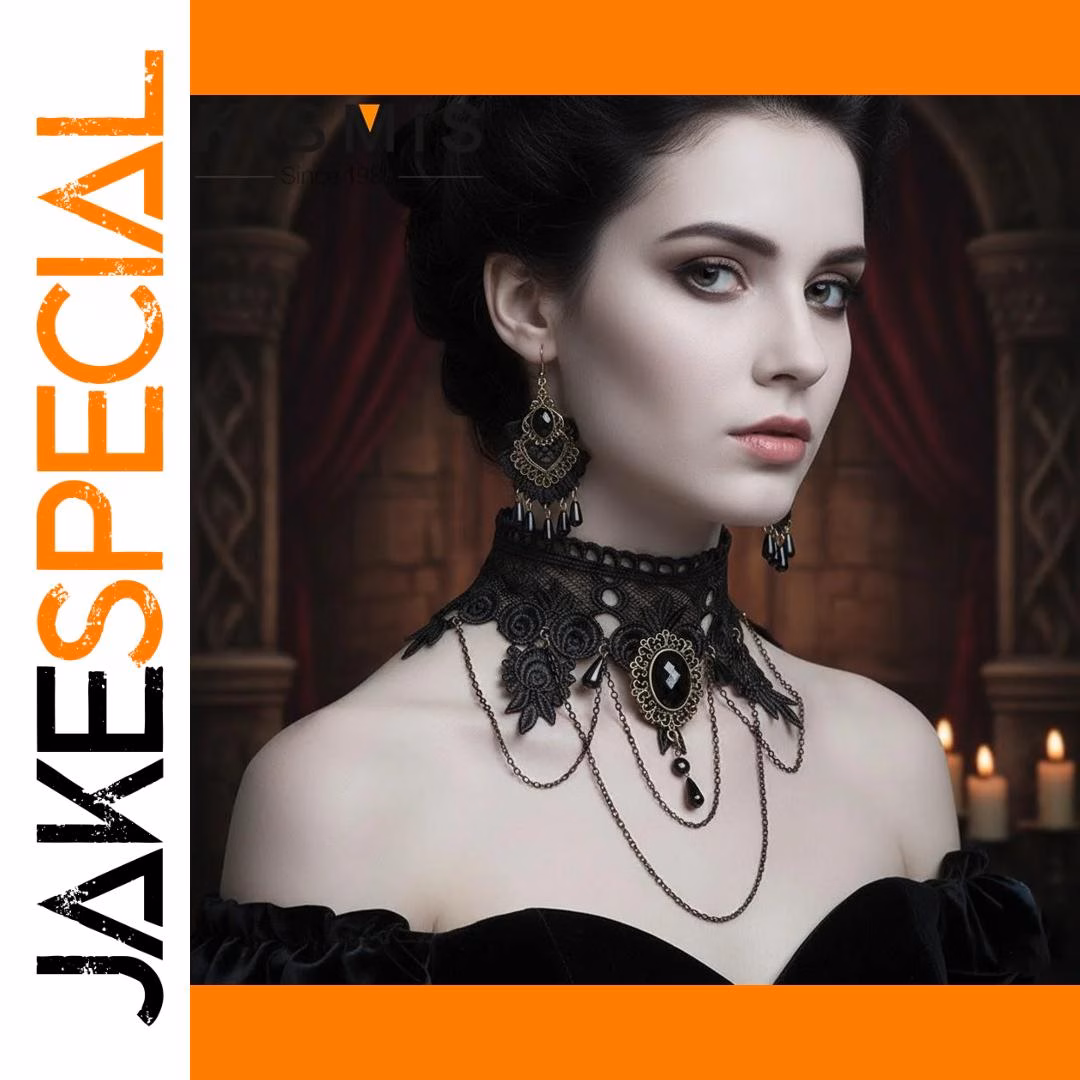 Black Lace Skull Choker Necklace Set with Earrings