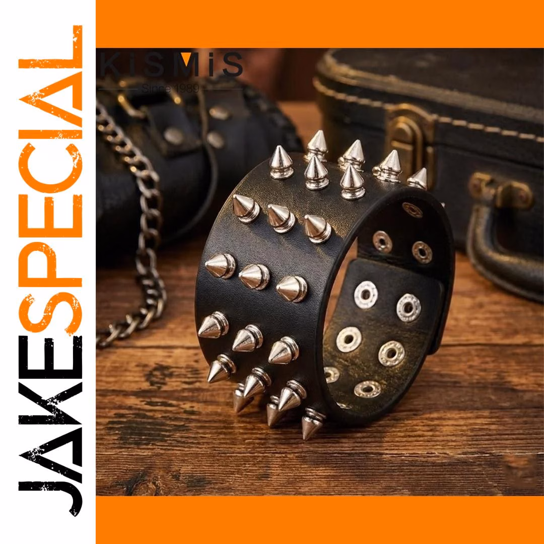 Punk Wide Leather Cuff Bracelet with Spikes